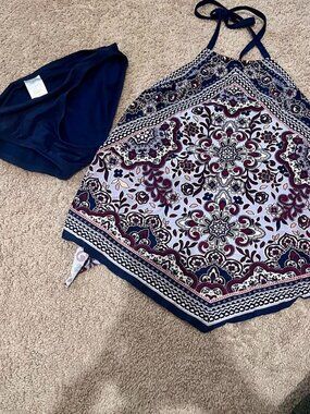 Navy blue and purple floral print two-piece swimsuit #swimwear #floral #summer